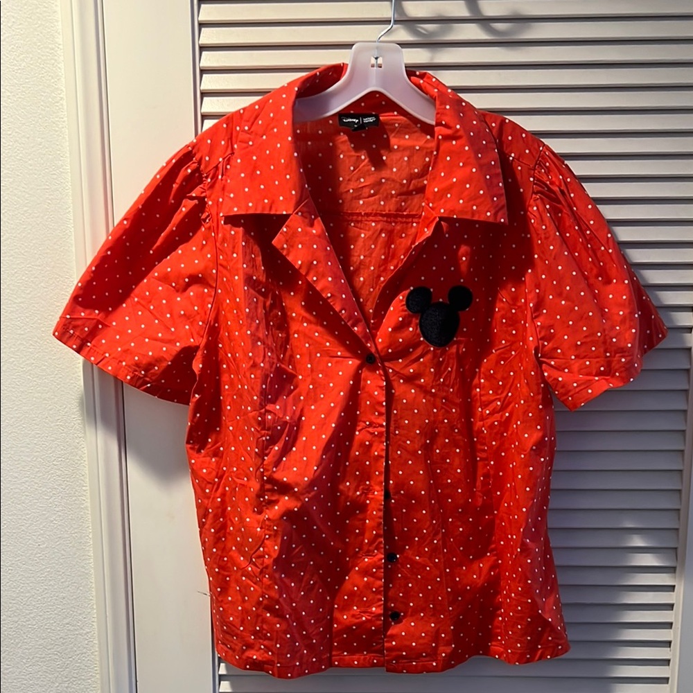 Unique Vintage Disney Red Polka Dot Button Down Shirt with Black Mickey